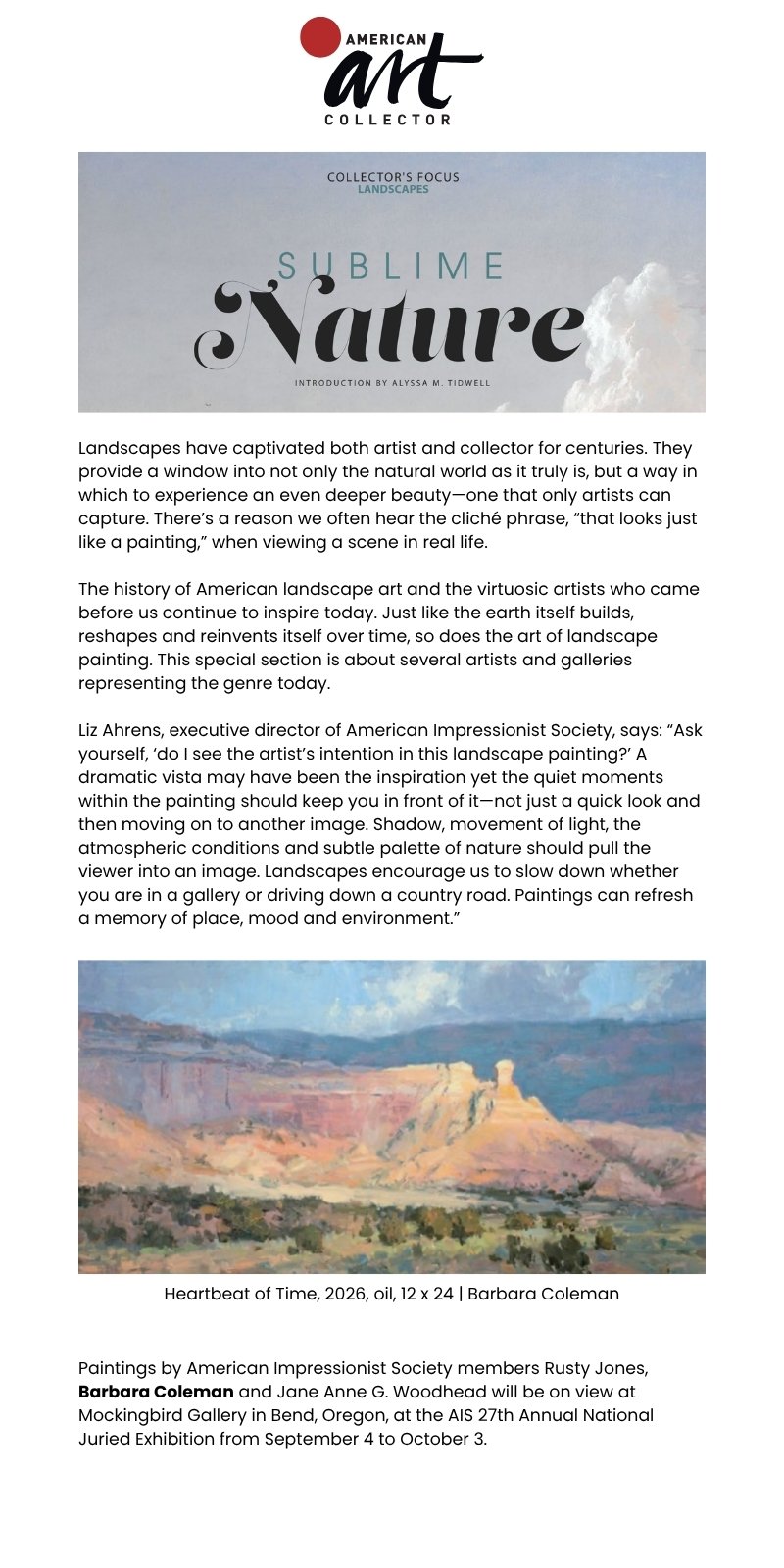 American Art Collector Sublime Nature September 2026 featuring landscape artist Barbara Coleman