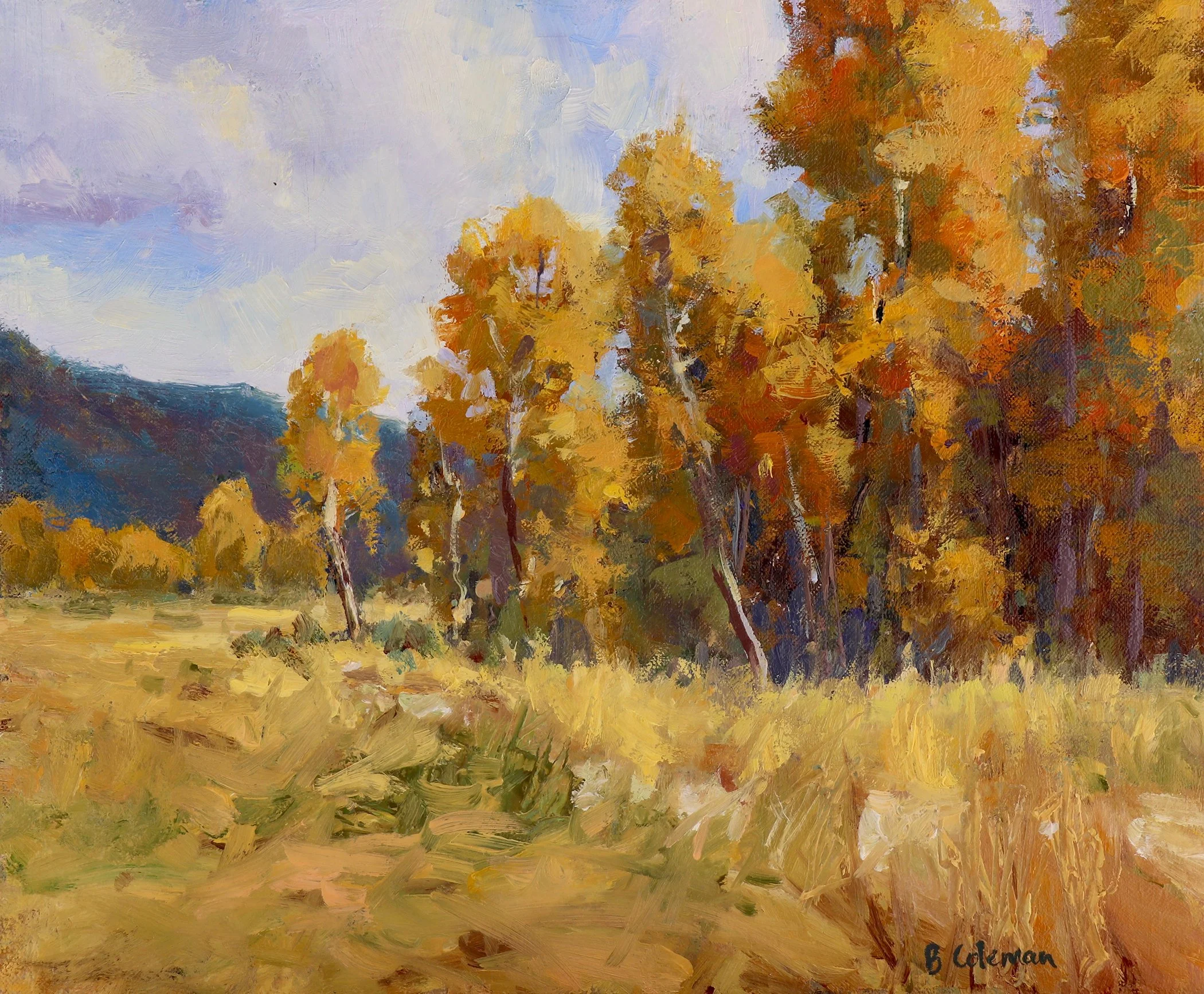Hours of Gold 10x12, oil painting by Barbara Coleman for the Plein Air Painters of New Mexico Taos Plein Air Juried Members Exhibition in 2020