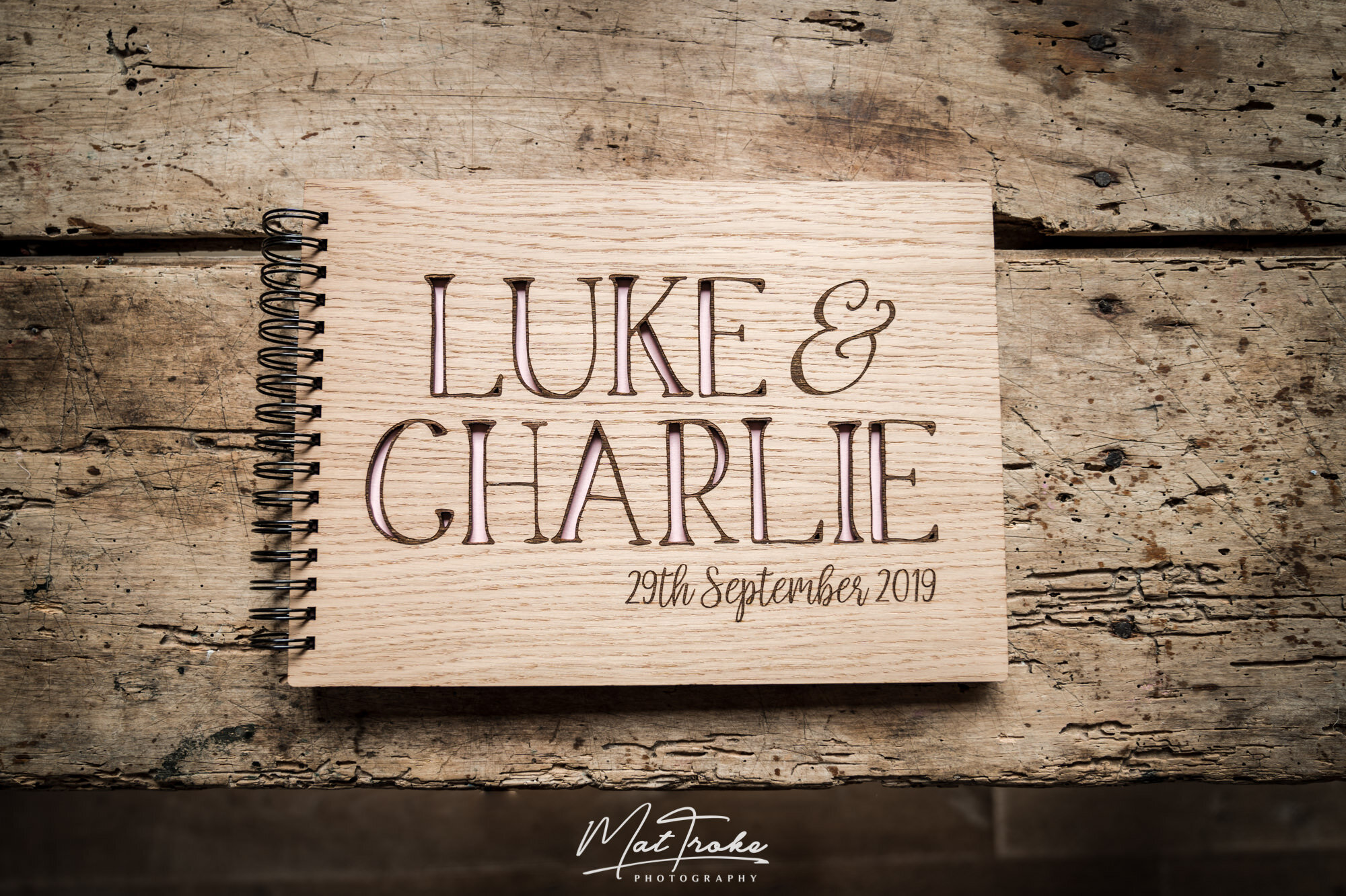 Wooden beam wedding guest book morning