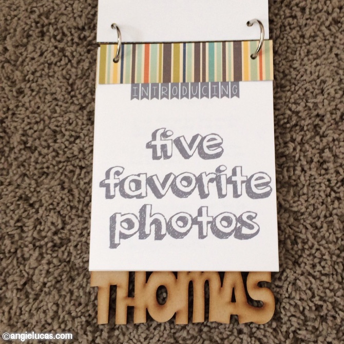 I selected a different sheet of double-sided patterned paper for each album, trimming them to fit across the top of each page. They are not adhered in place, just slipped loosely onto the jump rings in between the pages.