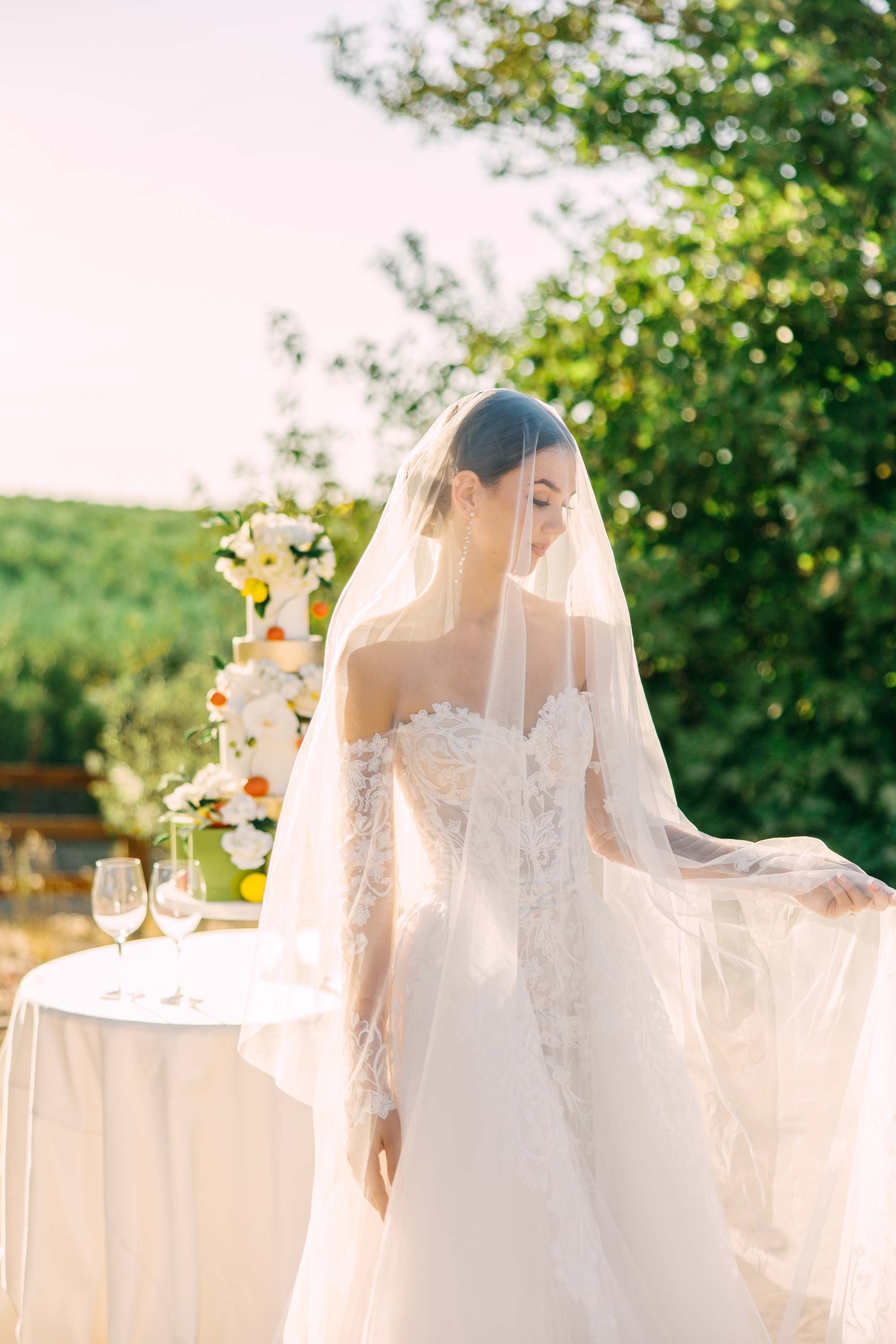 A bride in a wedding dress with lace and a veil standing outdoors near a table with a wedding cake and two glasses, sunlight filtering through trees.