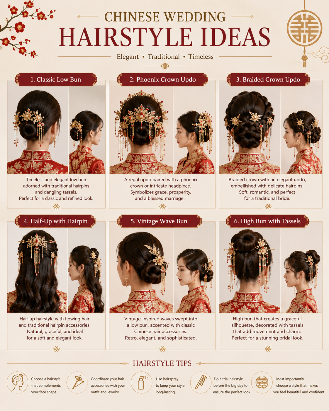 Chinese tea ceremony hairstyle inspiration for brides, including classic low buns, half-up curls, braided updos, vintage waves, and traditional gold bridal hair accessories.