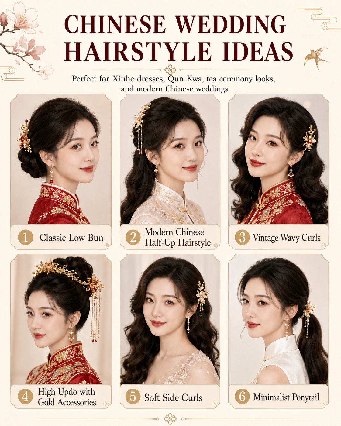 Chinese tea ceremony bridal hairstyle ideas featuring a classic low bun, modern half-up hairstyle, vintage wavy curls, high updo with gold accessories, soft side curls, and minimalist ponytail.