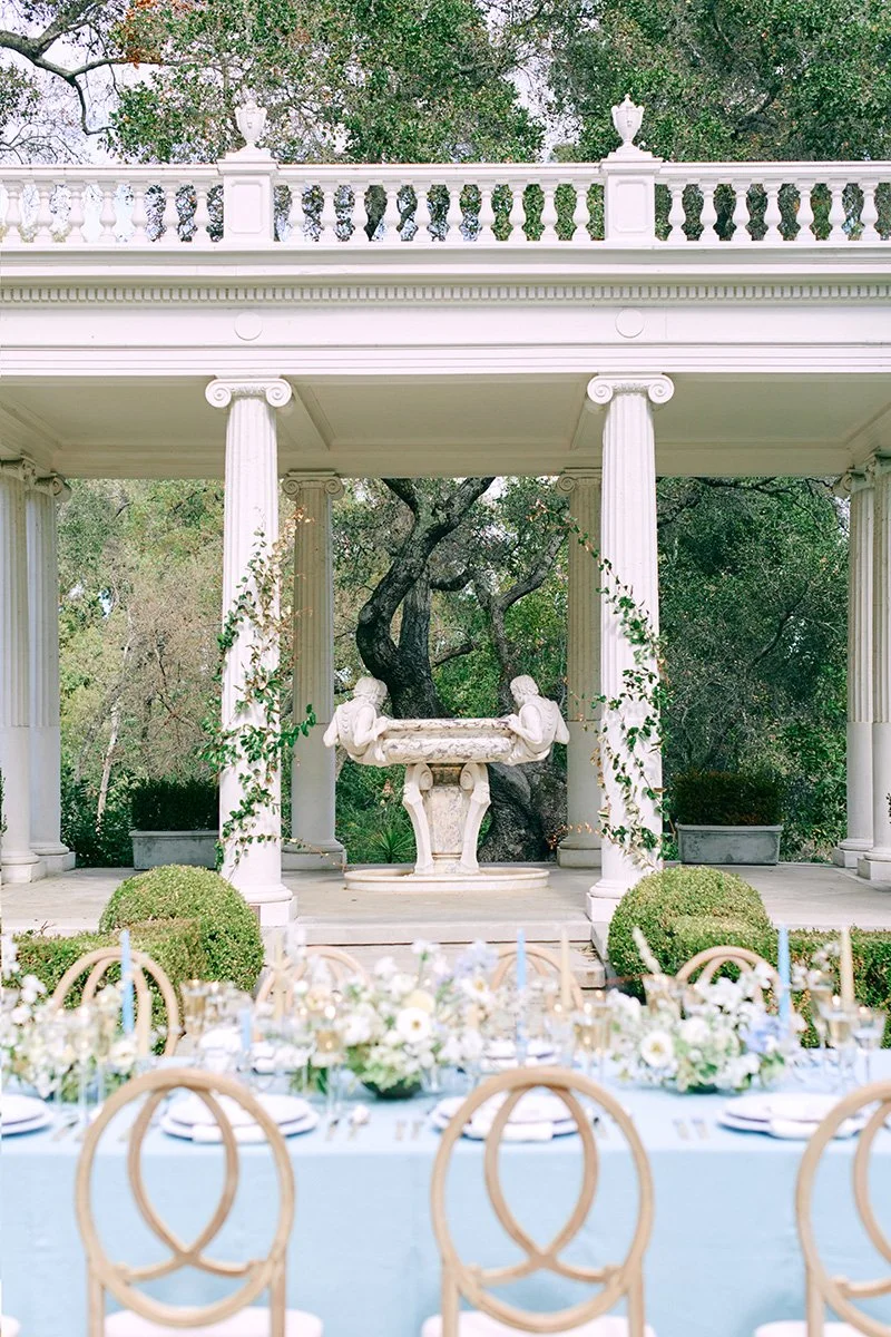 Luxury outdoor wedding reception at Montalvo Arts Center with classical columns, curated tablescape, and editorial styling