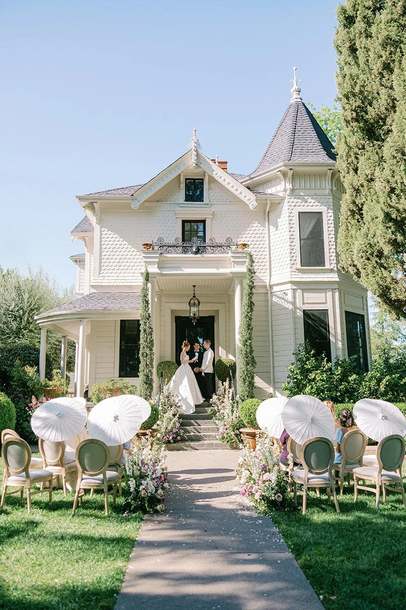 Park Winters wedding ceremony at a historic estate in Northern California featuring refined floral design and European-inspired architecture