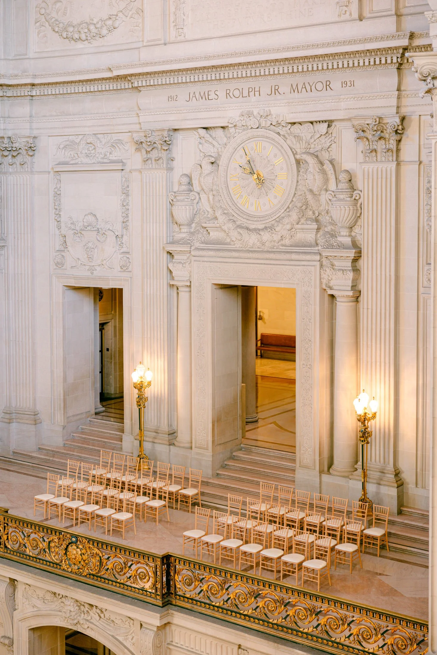 San Francisco City Hall Mayor's Balcony set up for a wedding ceremony with chiavari chairs, second floor
