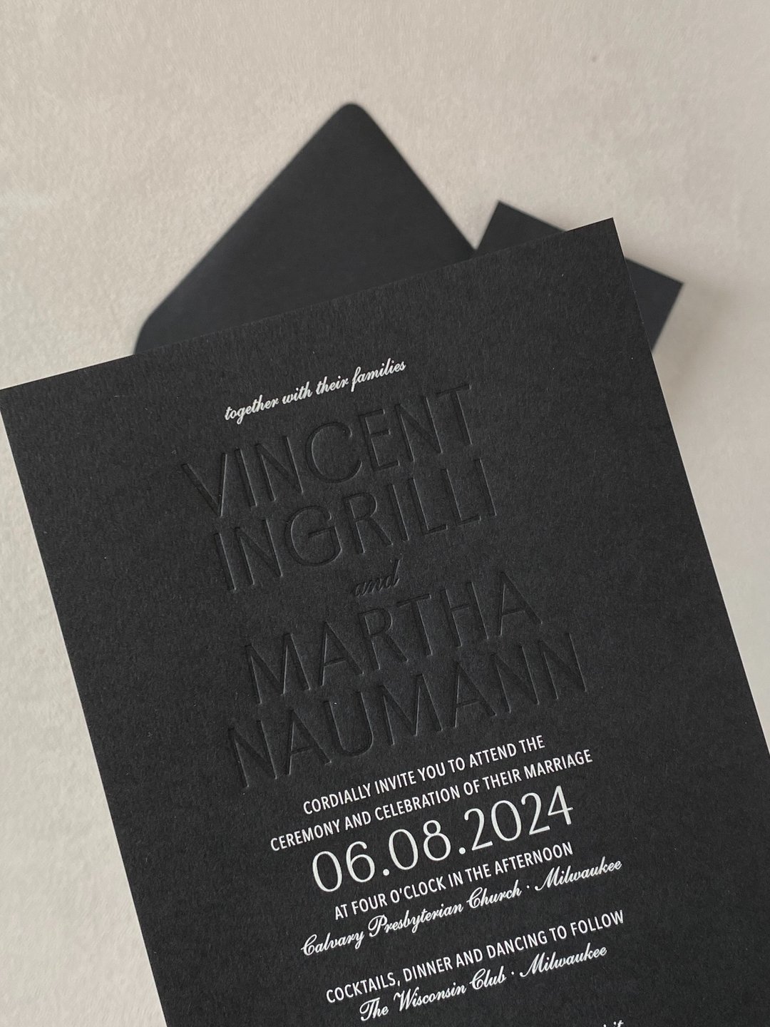 Blind debossng with white ink printing for Vincent &amp; Marthas timeless invitation suite with @companyandcheer