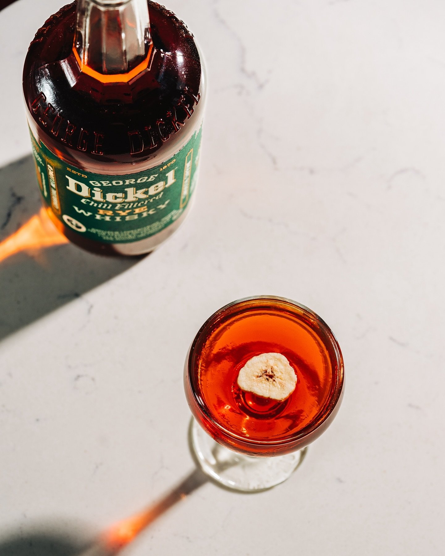 We love putting tea in cocktails!
The Black Lodge, from our 5 year anniversary menu, is a take on a classic Manhattan. 
Made with @georgedickel Rye infused with @augustuncommon Black Lodge Tea, stirred with sweet vermouth and garnished with a banana 
