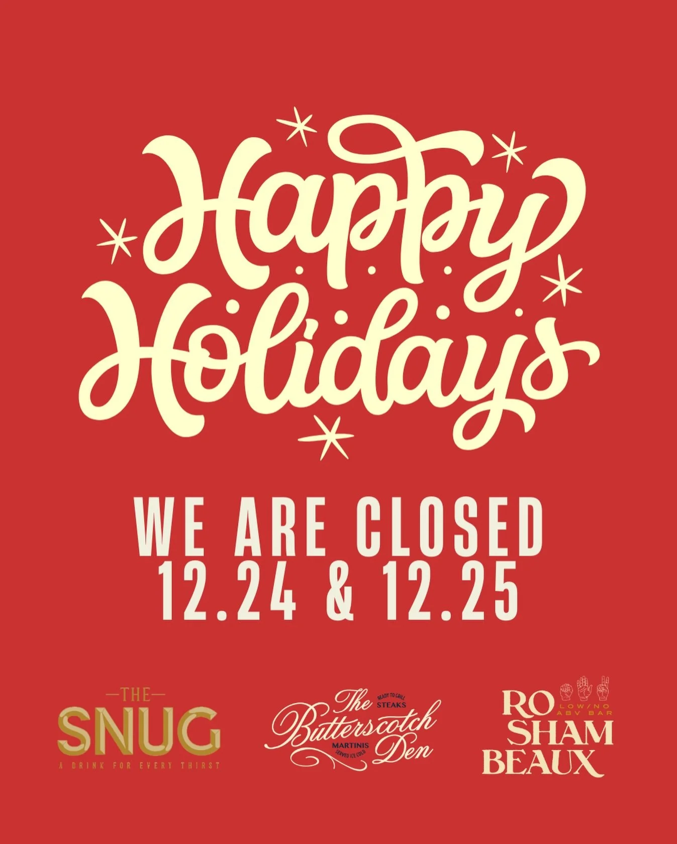 Happy Holidays from all of us!
We&rsquo;ll be closed on 12/24 &amp; 12/25 so our teams can enjoy some well-earned festive downtime.
Cheers to a cozy holiday &mdash; we&rsquo;ll see you soon! 🎄