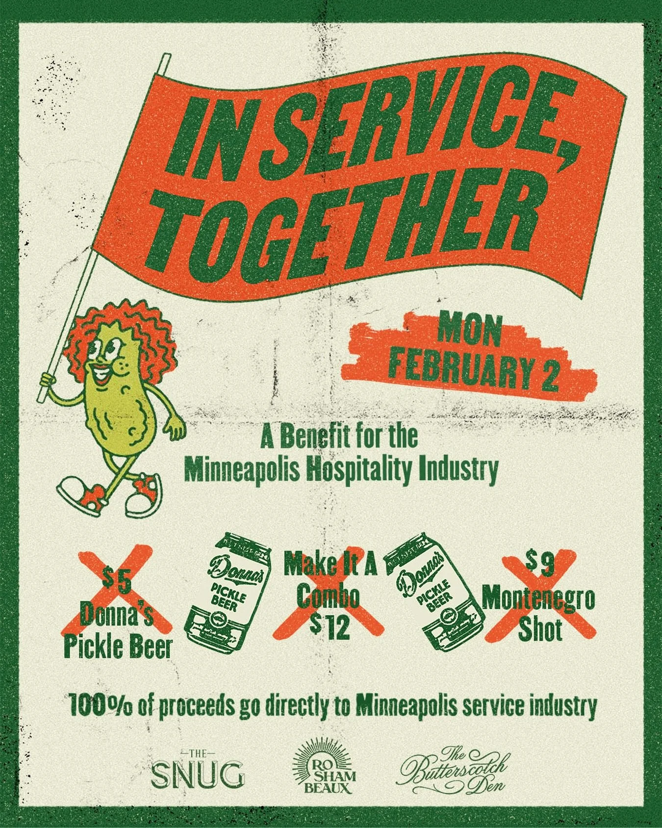 In service, together. 
Help us support the Minneapolis service industry by visiting any of our locations this Monday (all service hours) and enjoying one of our specials. 100% of the sales goes to @haihaimpls and @meteor_mpls. 
Fuck ice. 

#hospitali