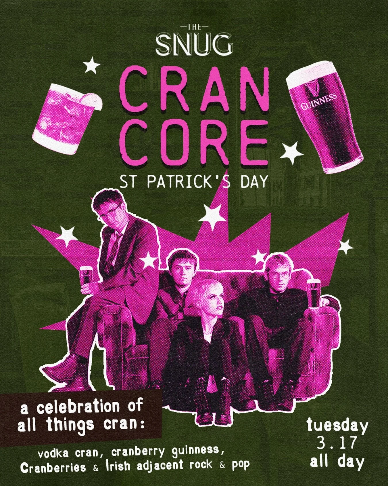 Less jigging, more lingering&hellip; a St Patrick&rsquo;s Day party you didn&rsquo;t expect. 

Join us for Cran Core - cheap vodka crans, cranberry Guinness and @thecranberries on repeat 🎶
All day Tuesday March 17th. 

#stpatricksday #irishbar #sacr