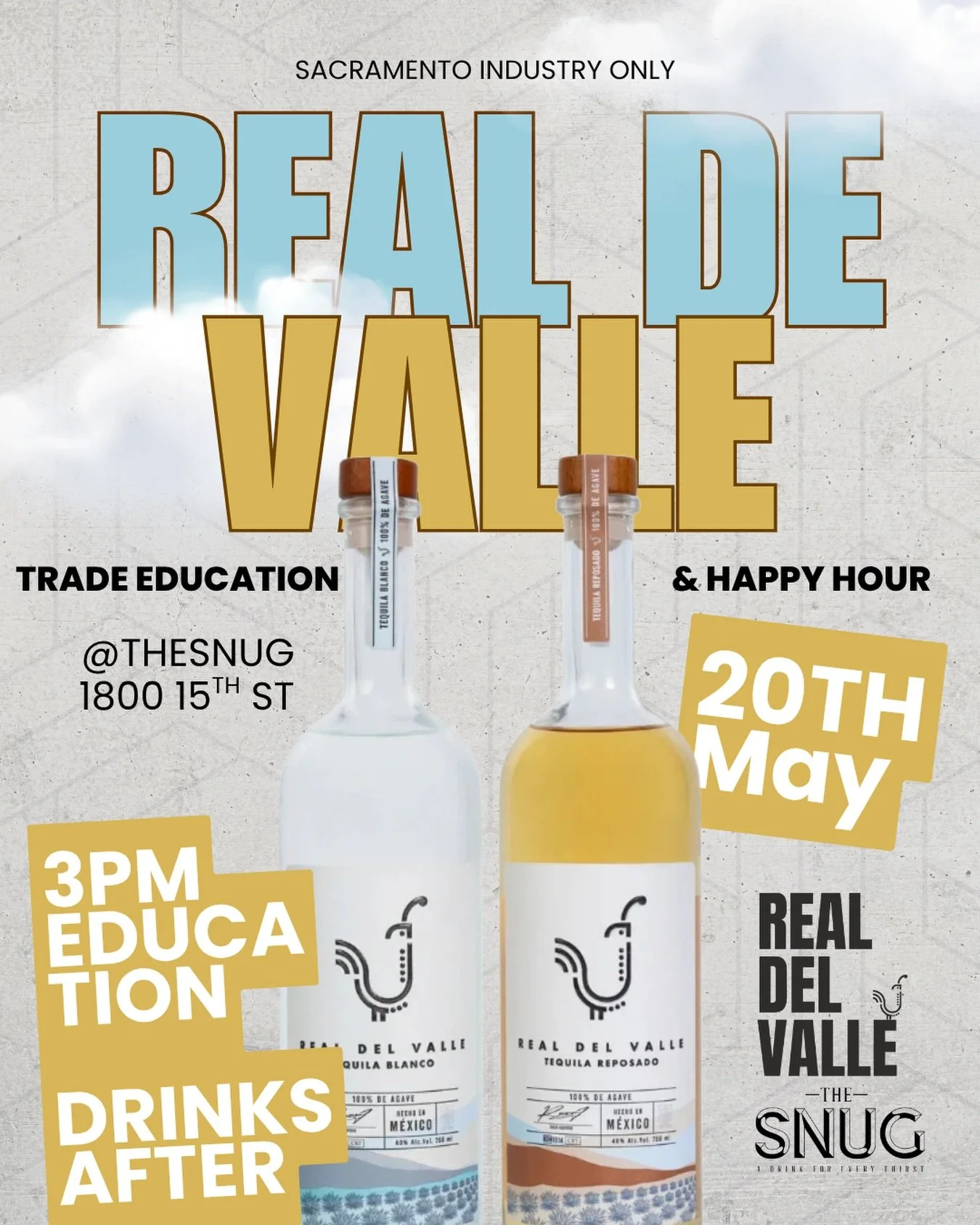 Sacramento industry, this one&rsquo;s for you.
Join us at The Snug for an afternoon with Real Del Valle featuring tequila education, pours, cocktails, and a happy hour that&rsquo;s worth sticking around for.

📍 Tuesday, May 20
🕒 Education starts at