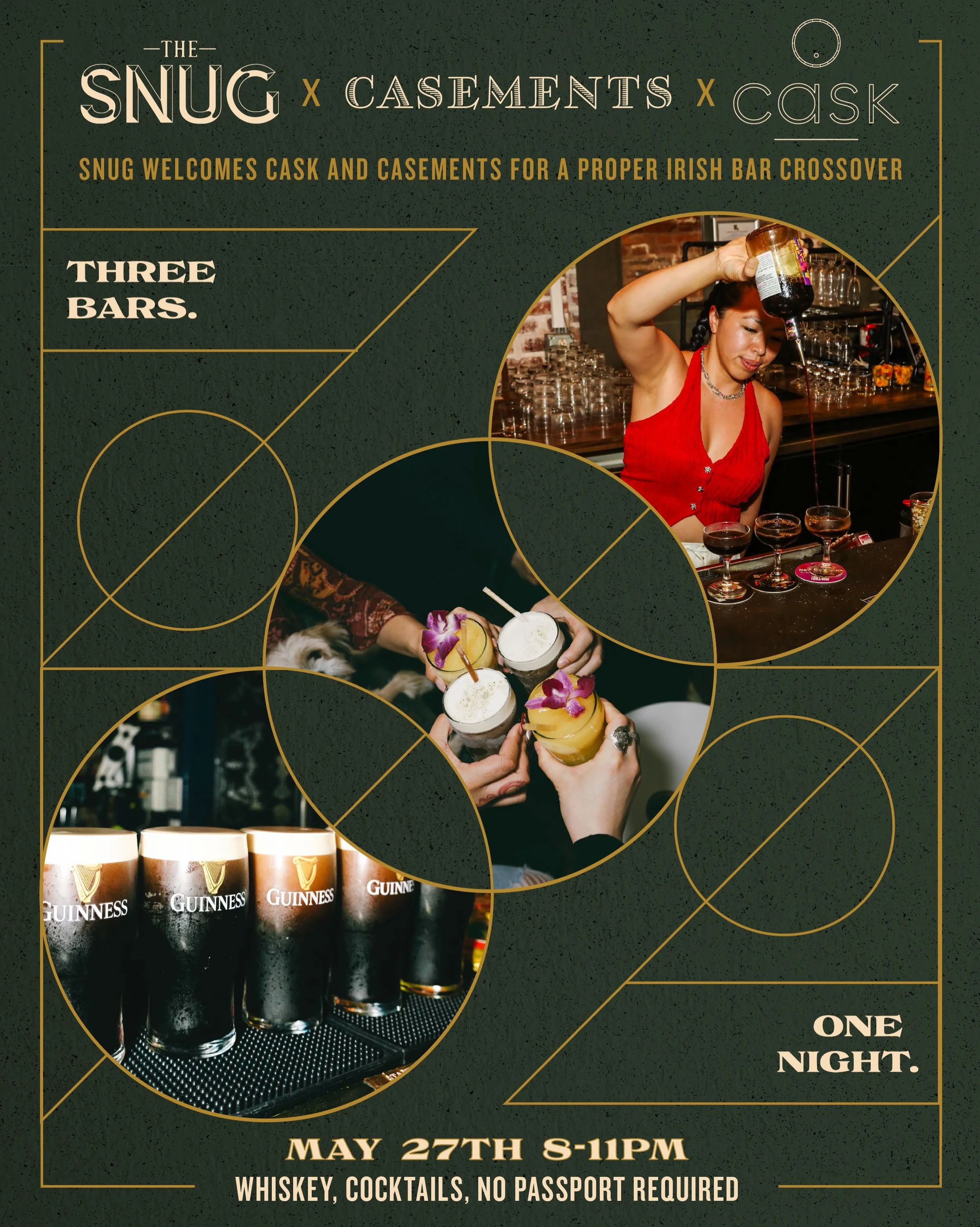 Three proper Irish bars under one roof 🇮🇪 

The Snug welcomes Casements and Cask for an evening of fine whiskey, perfect pints, strong cocktails, and the kind of hospitality the Irish built their reputation on.
Expect world-class pours, neighborhoo