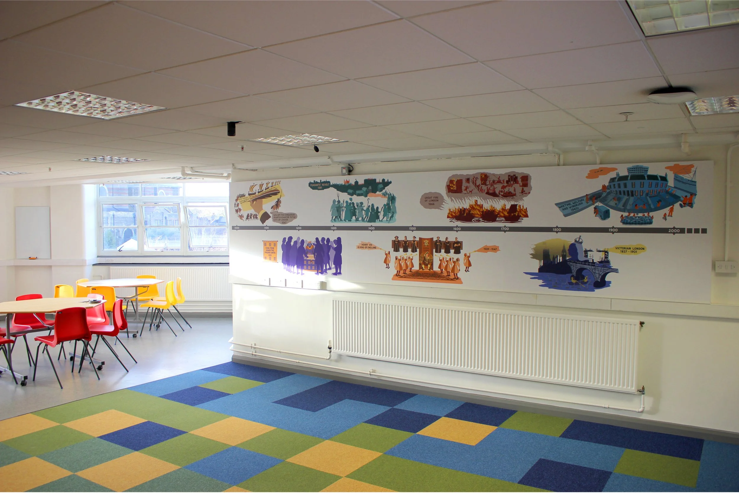 Illustrated London timeline mural for The London Archives. A mural design for one of the Archive's’ education rooms, detailing 7 significant events and periods in the city of London’s history during the second millenium CE. Created specifically to b