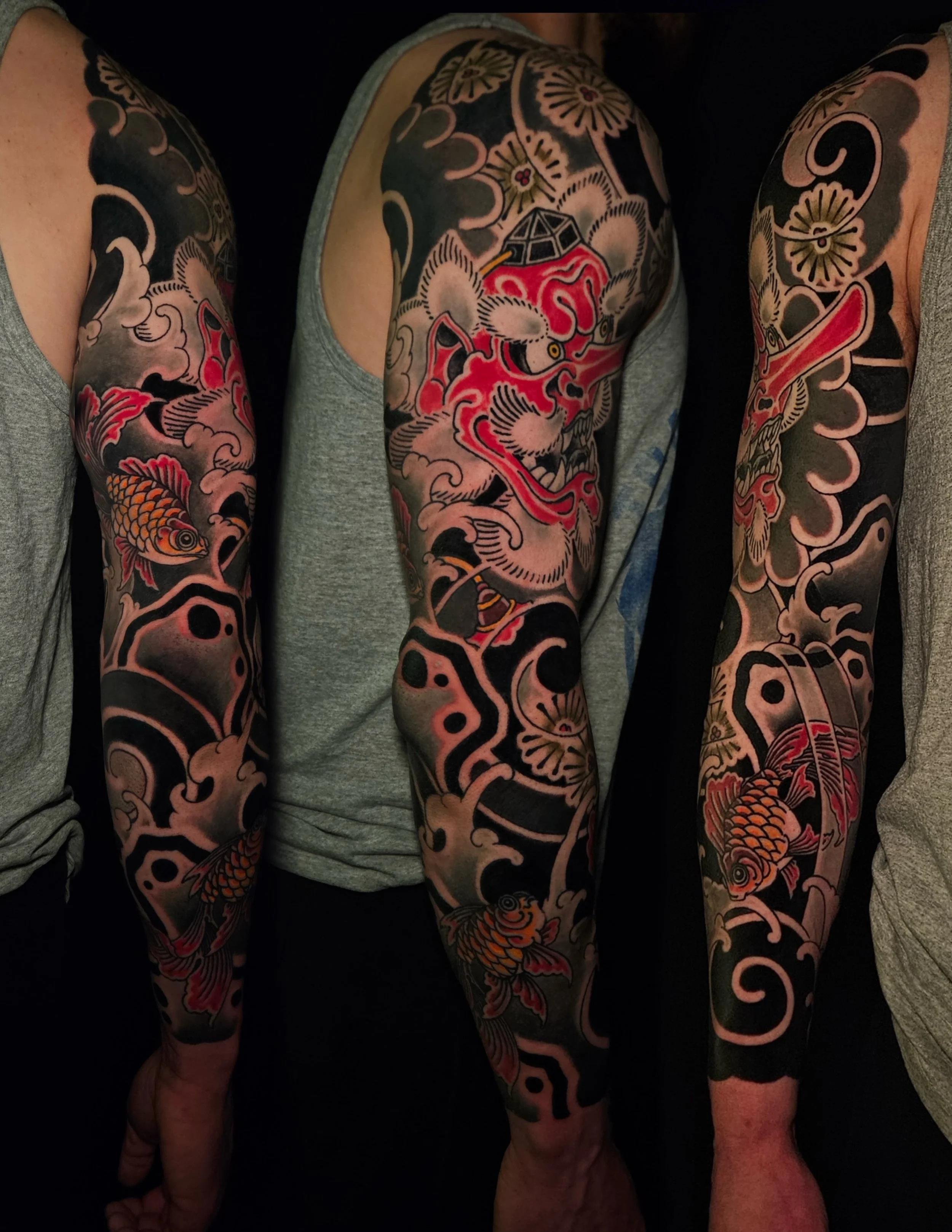 traditional japanese tattoo sleeve with goldfish