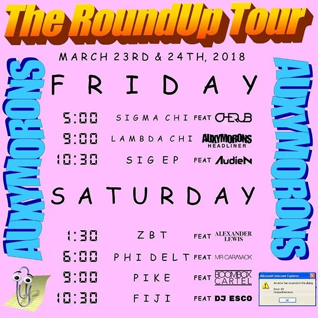 Sup pussies. We&rsquo;re super exited to kick off our world tour this weekend. Set times listed above. Let&rsquo;s hope our teachers round up 😄 lol get it? #fuckauxymorons