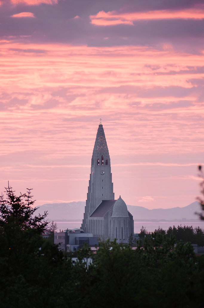 Hallgrimskirkja, the landmark church of Reykjavik, in the Midnight Sun