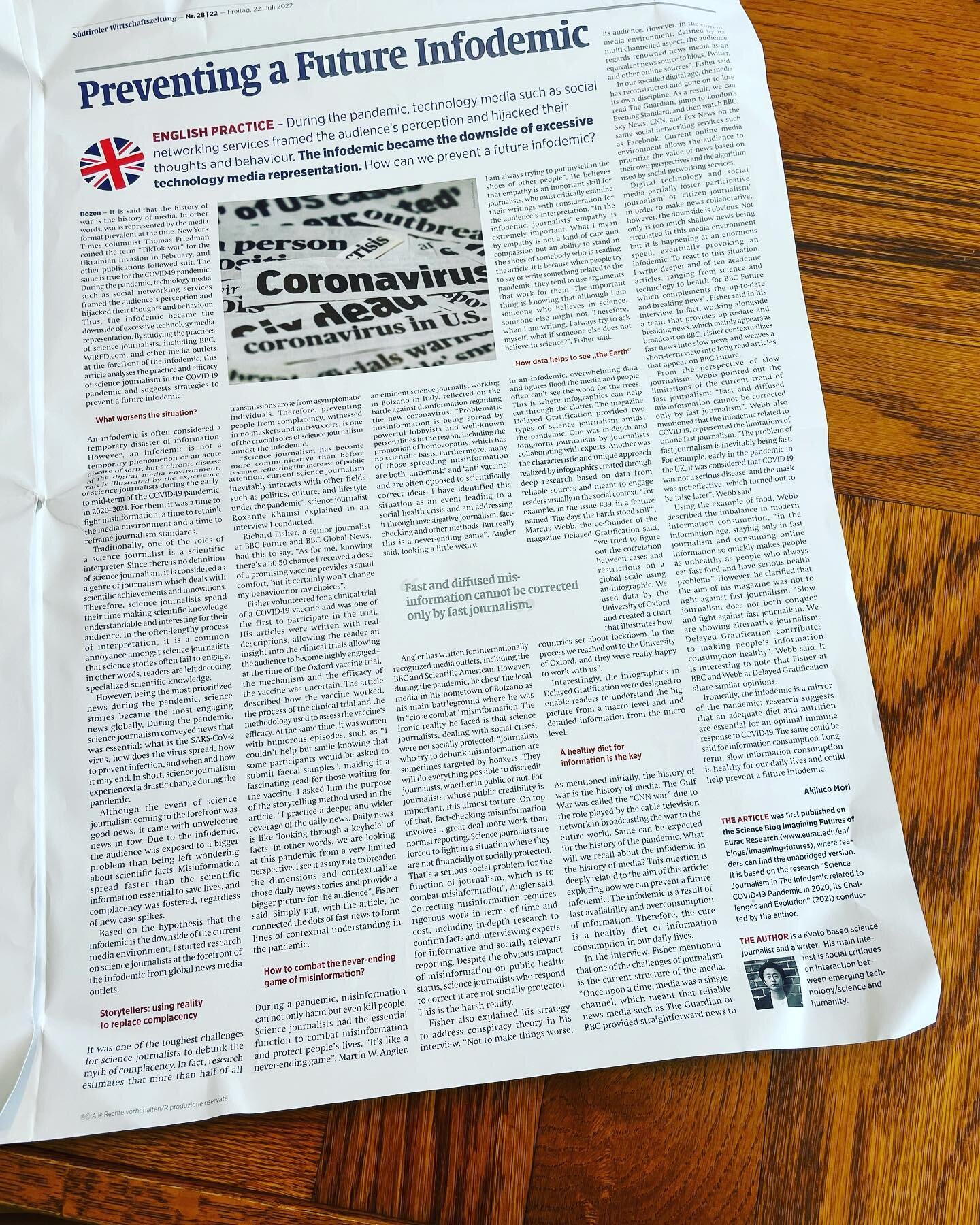 It is one of the greatest honours in my life to be featured on @suedtirolerwirtschaftszeitung in South Tyrol in Italy! The article &lsquo;How can we prevent a future infodemic?&rsquo; is firstly published as dissertation at @unioftheartslondon @lcclo