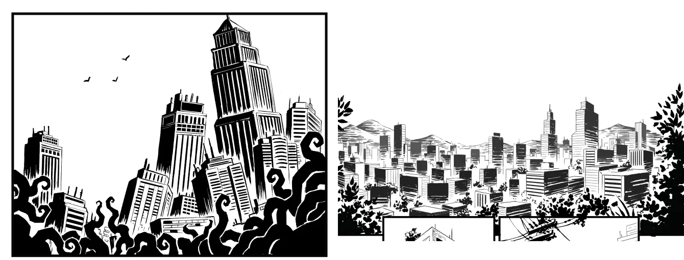 Technique and detail comparison between the first panel of the comic. Old version (left) vs New version (right). Notice how I used a less controlled, more loose inking technique on the new version.