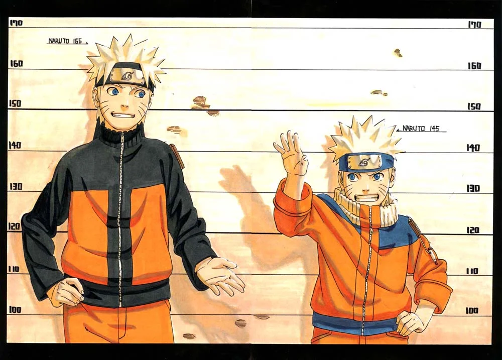 Example of slight simplification: I can see how Kishimoto wanted to reduce the number of lines used on Naruto after the timeskip. You can see how the new suit is a bit less complicated. Not to mention, most of the supporting cast ended using the same uniform to reduce production time. Cheap? Maybe, but the manga was already a success by the time, and the audience wouldn’t walk away by that.