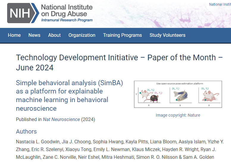 SimBA manuscript select as NIDA selected as Technology Development Initiative (NIDA TDI) Paper of the Month