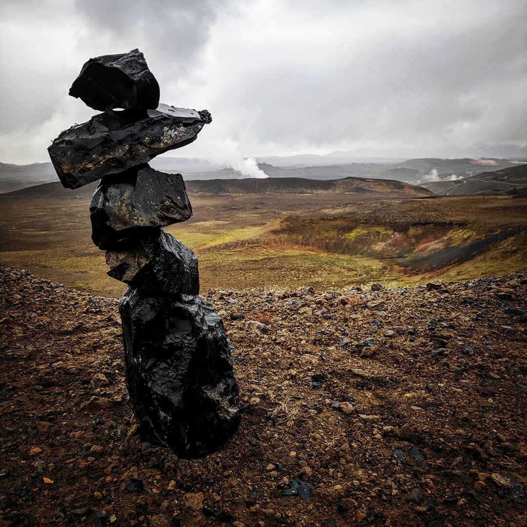 There seems to be a tradition in Iceland of making cairns, this was an impromptu cairn/cache on a research trip to Hrafntinnu hryggur translated as Ravenflint ridge, high above a geothermal powerplant (the steam in the background) this ridge is cover