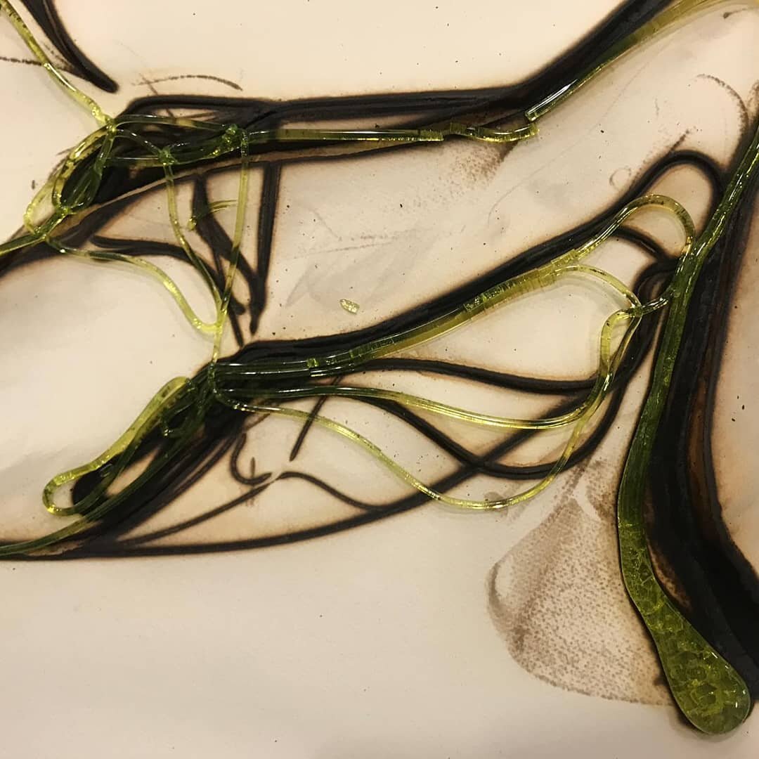 Pyrography with uranium glass on watercolour paper  here under normal light the uranium shows a pale green.
.
.
.
#glassartist #art #lightart #artistsofinstagram #wip #spectrum #florescent #colour #glass #hotglass #pyrography #uv #ultraviolet