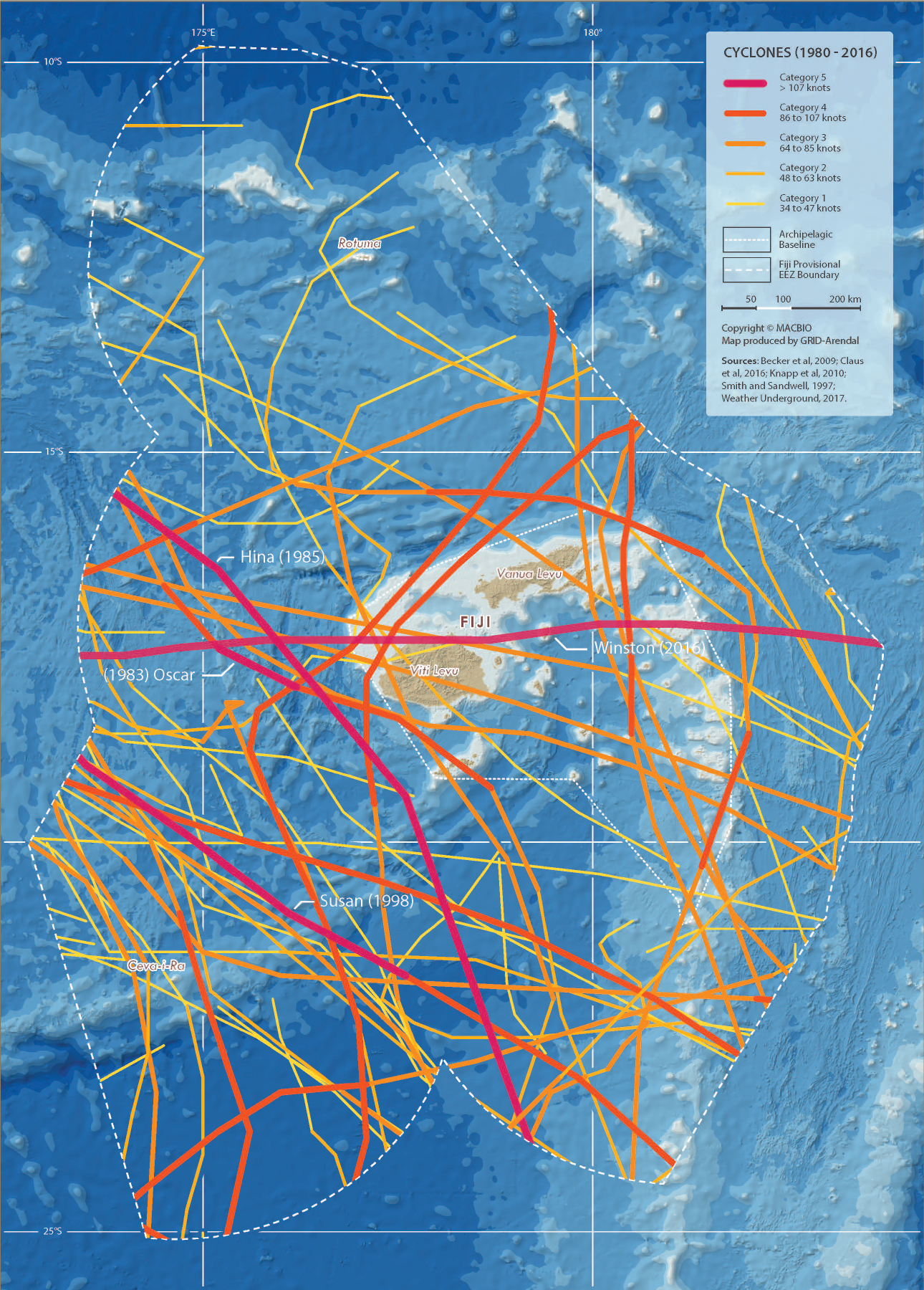 Fiji, Cylcones 1980 - 2016 . Produced for GRID-Arendal, GIZ, SPREP and IUCN. (2016).