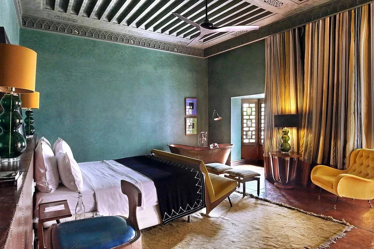 Colourful green and yellow bedroom at the El Fenn hotel,Marrakech.