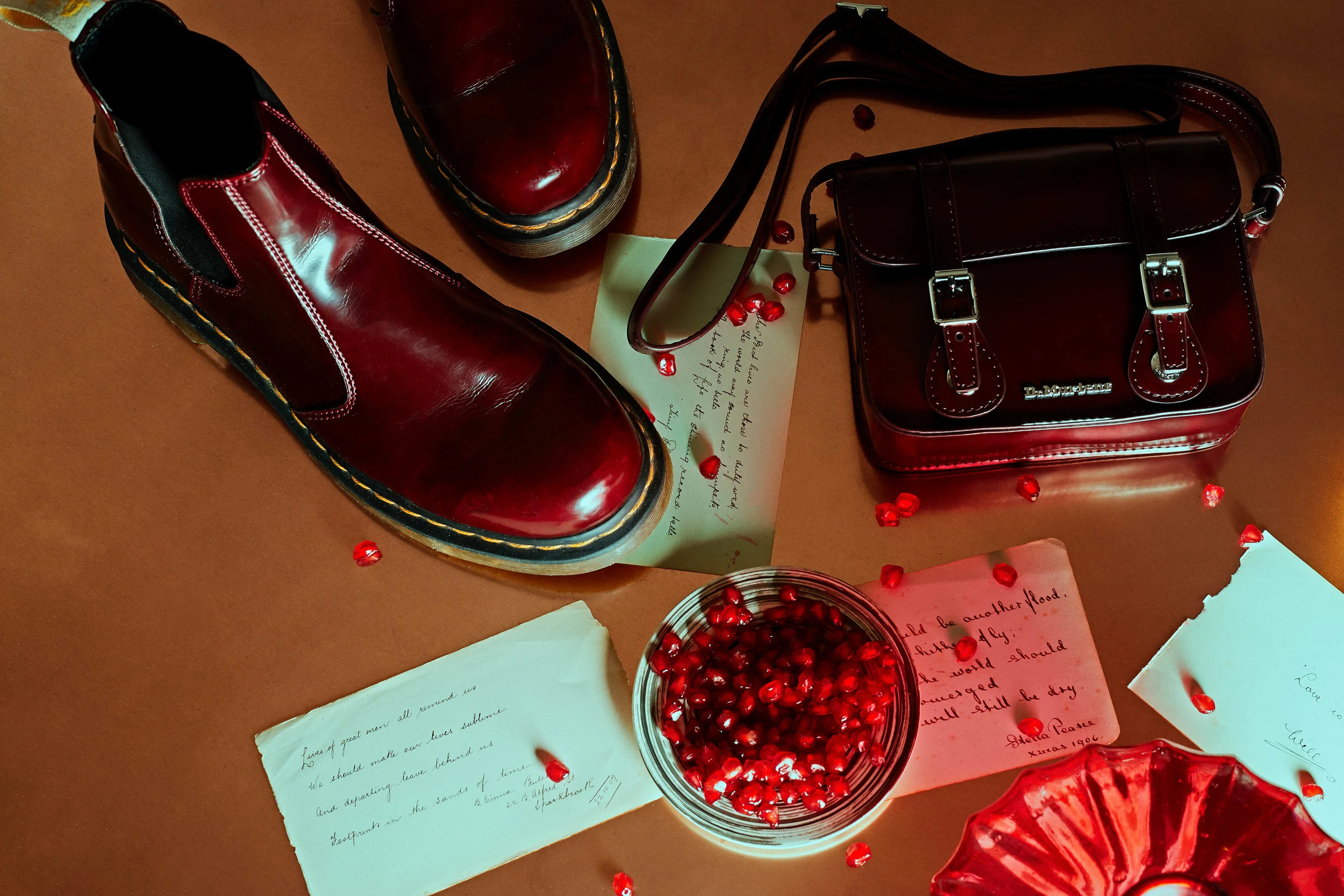 DR MARTEN Vegan 2976 Oxford Brush Boots in Cherry Red £135 + 7”Vegan Satchel in Cherry Red Oxford £70