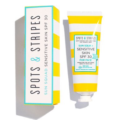   Spots &amp; Stripes Sensitive Skin SPF 30 for Face (£25)   – A non-greasy mineral SPF designed just for tweens. Broad-spectrum, reef-safe, antioxidant-rich, and cool enough for daily wear. 