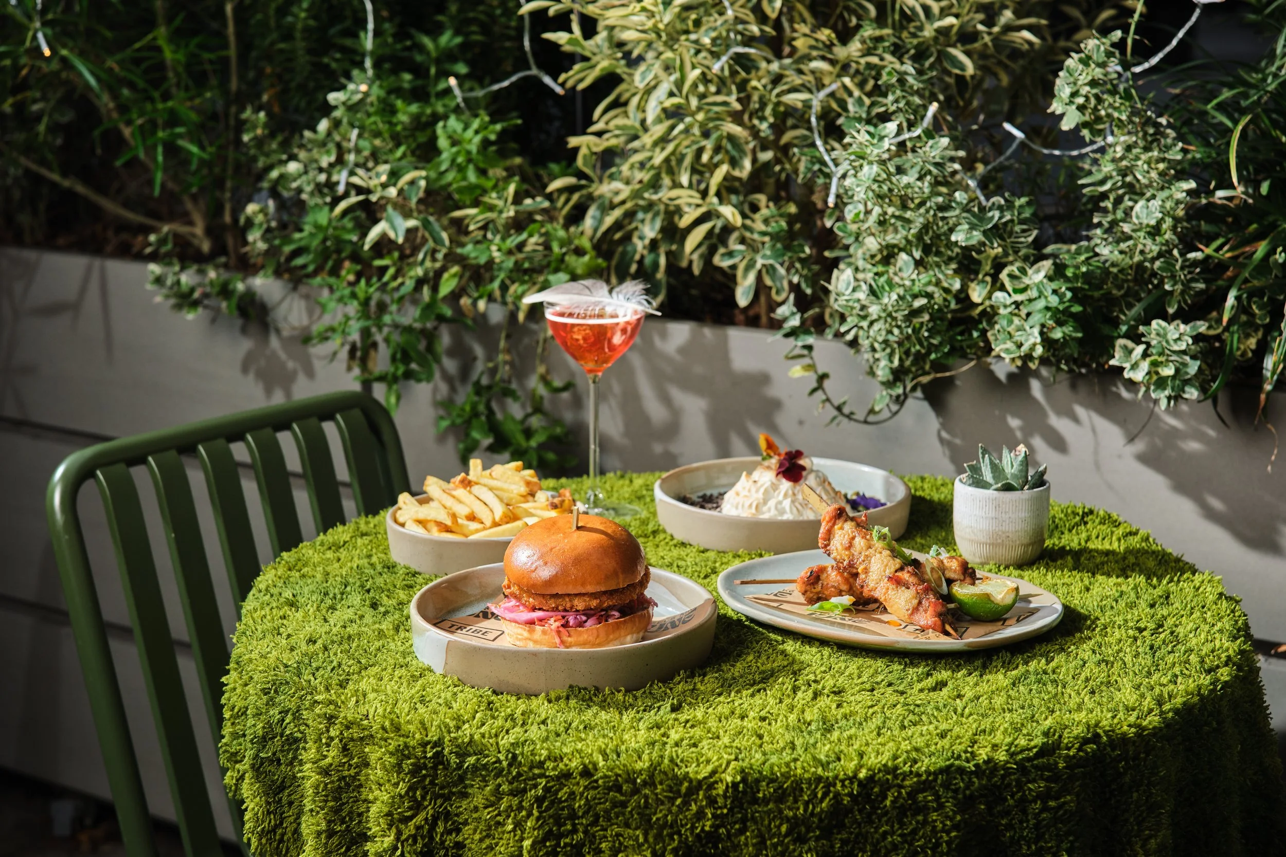  Burgers and Cocktails in the garden of at Tribe Hotel Canary Wharf, London 