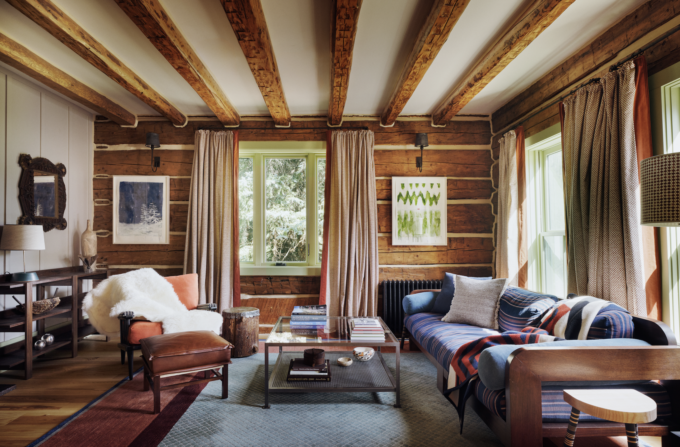  Lounge in wood-lined cabin at Dunton Hot Springs, Colorado, USA 
