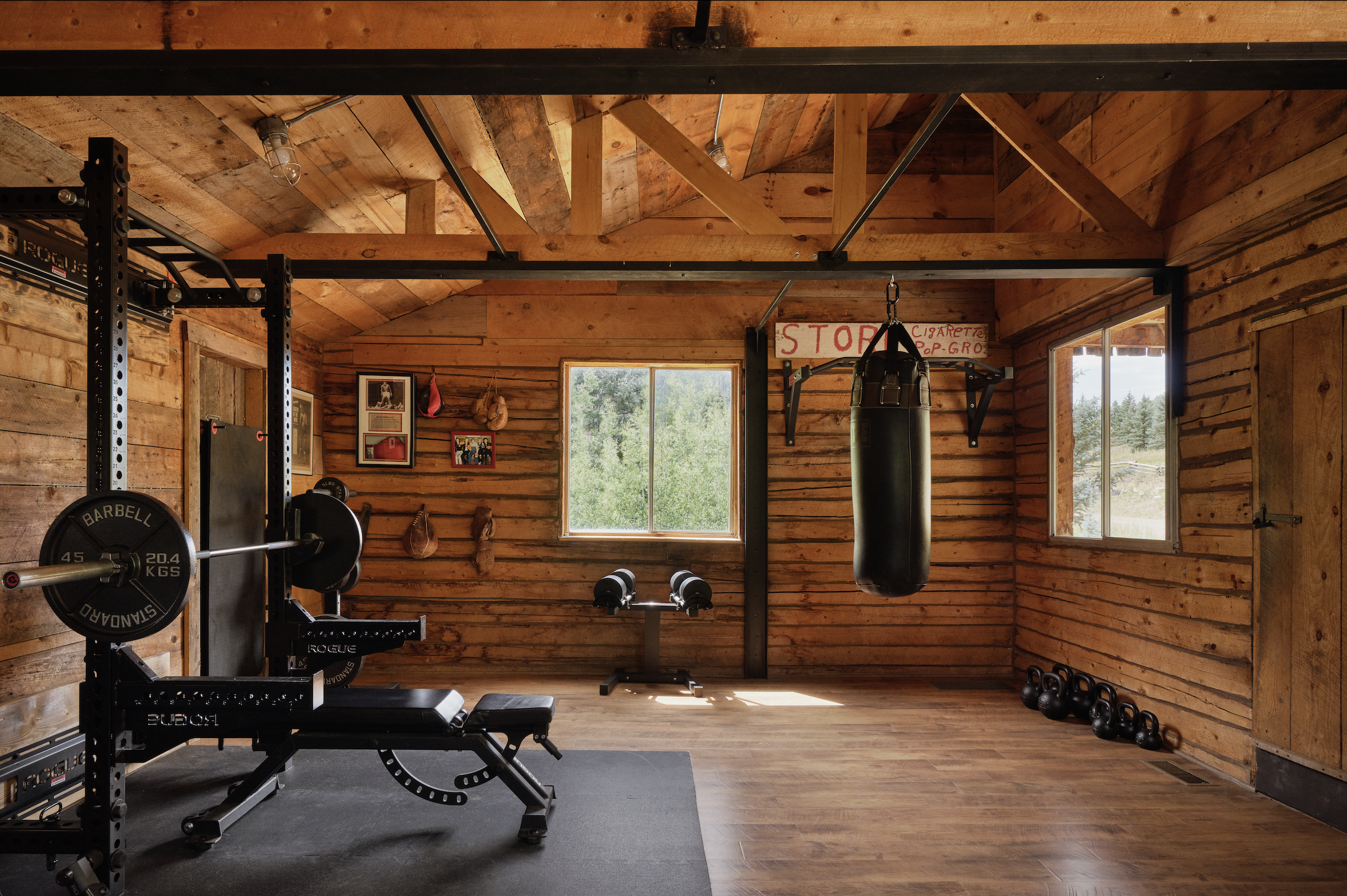  Wood lined gym with weights and rack at dunton hot springs colorado, USA 