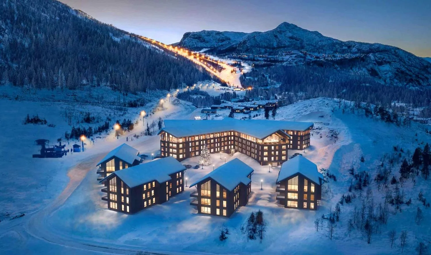 View of snow covered mountains, ski slopes and  Lodege Hemsedal suits, Norway
