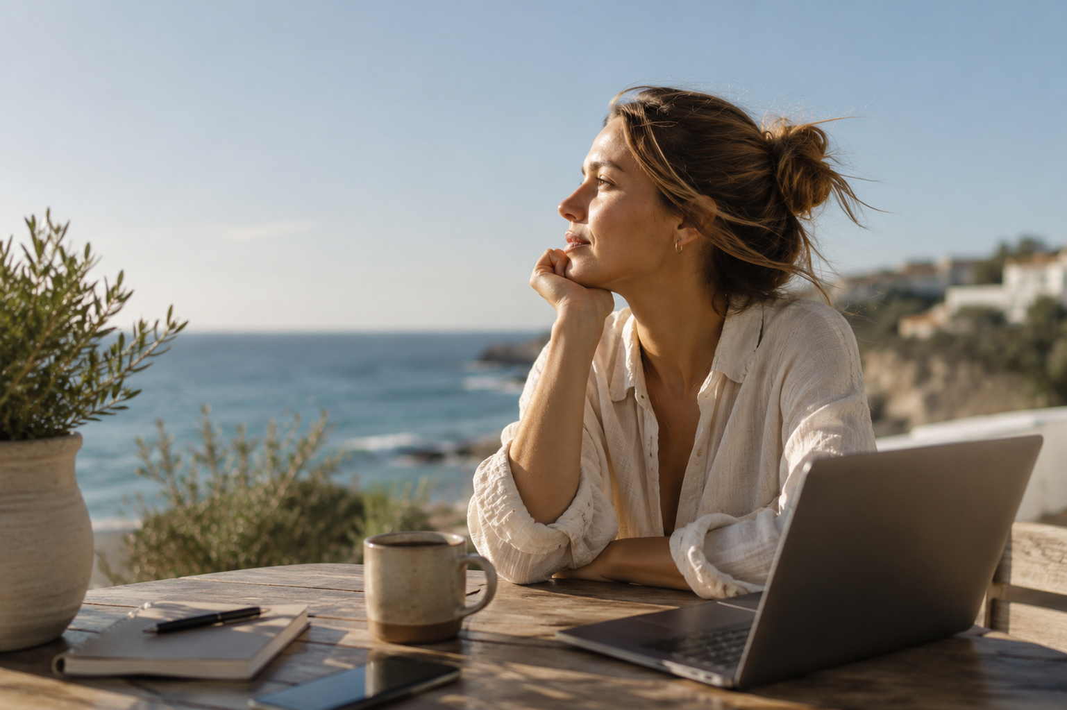 Woman stepping away from online work beside a laptop overlooking the sea