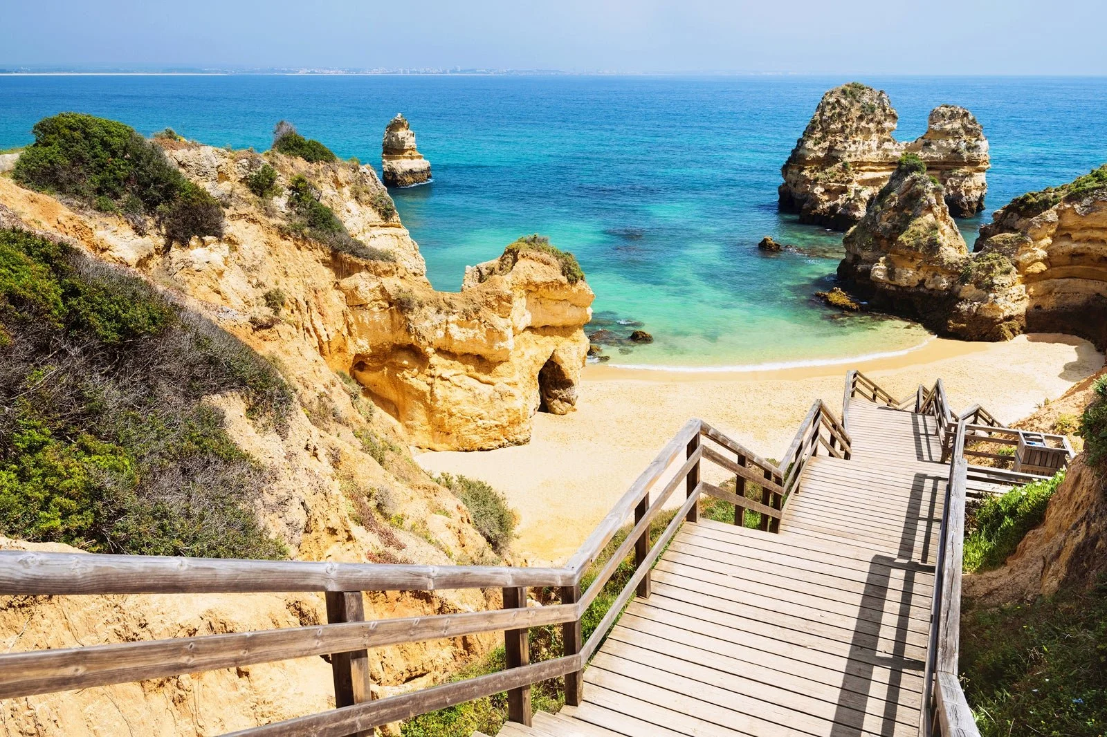 Steps down to the beach, view of the Atlantic Ocean, Algarve, Portugal