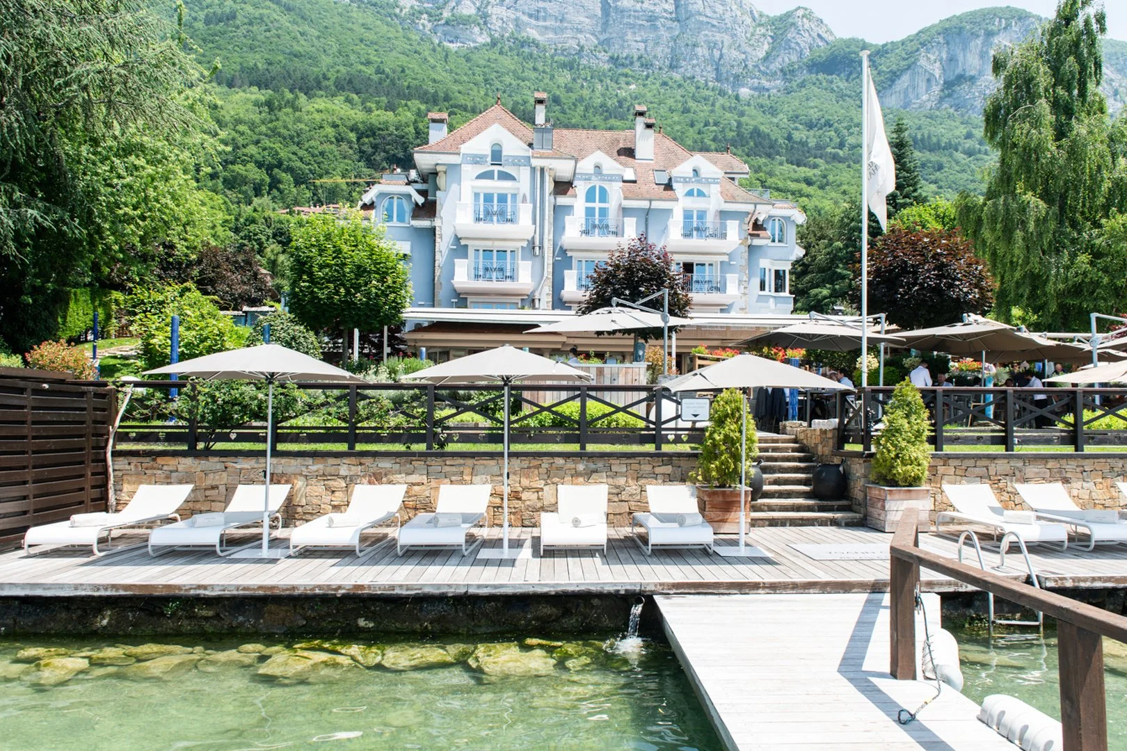 La Maison Bleue hotel on the shores of Lake Annecy with private lakeside sun deck