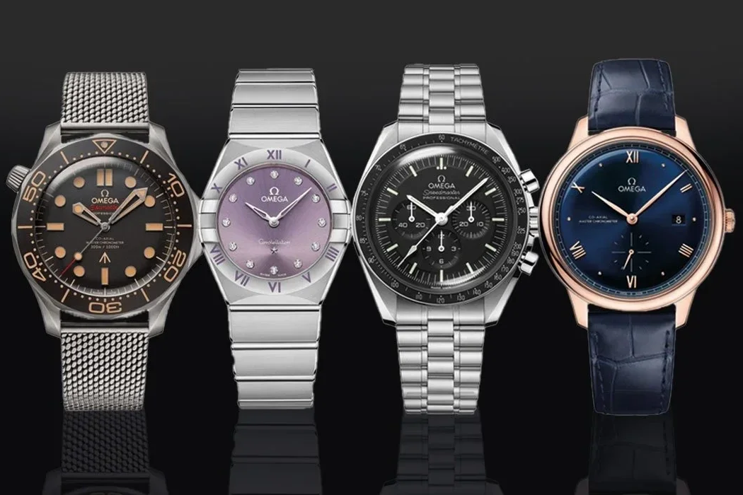 Omega luxury watches including Seamaster, Constellation, Speedmaster and De Ville models.