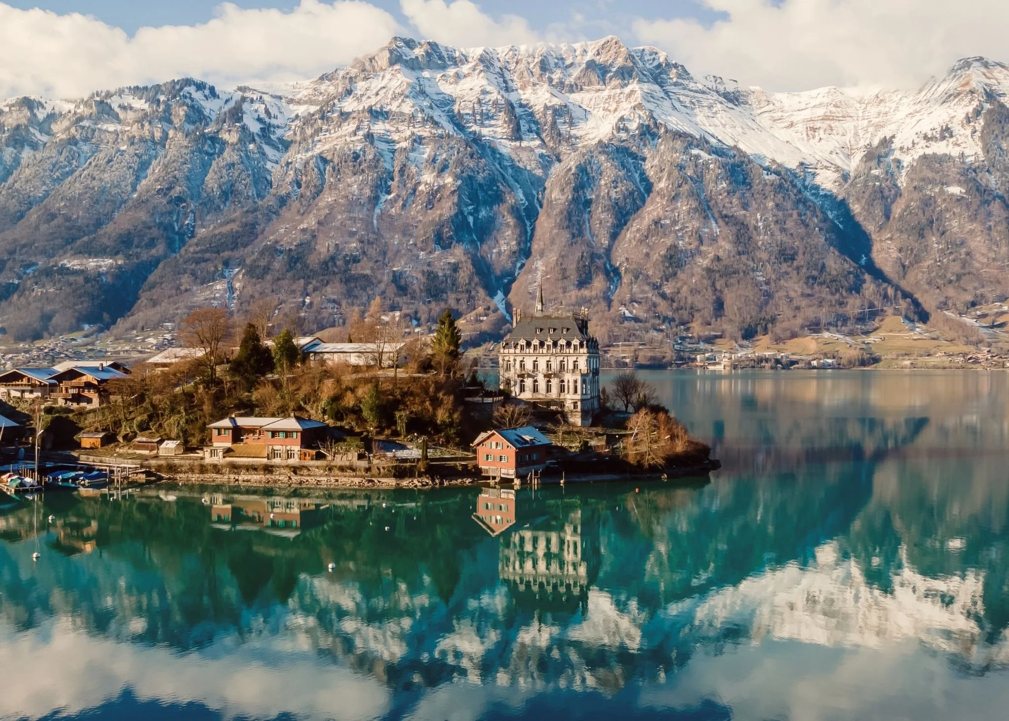 Lake Brienz, Switzerland in winter with full snow fall and mountain peaks