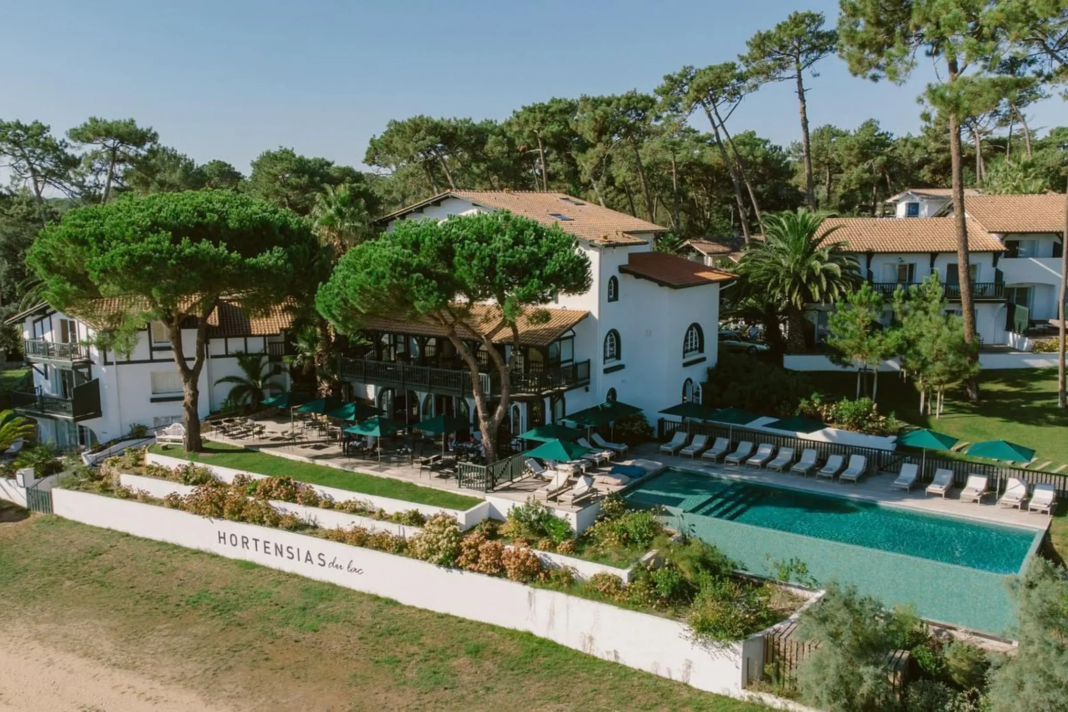 Exterior of Les Hortensias du Lac overlooking Hossegor Marine Lake in southwest France