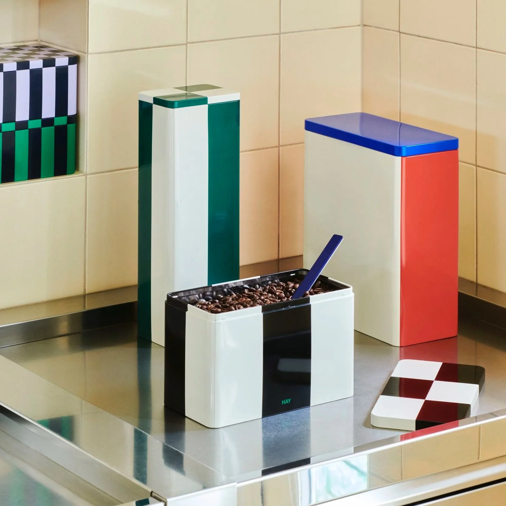 Hay colourful food kitchen storage tins.