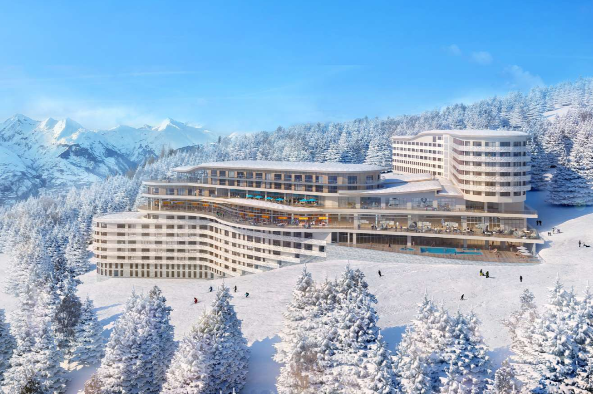 Snow covered trees, ski slopes, view of the Alps and Club Med Les Arcs Panorama