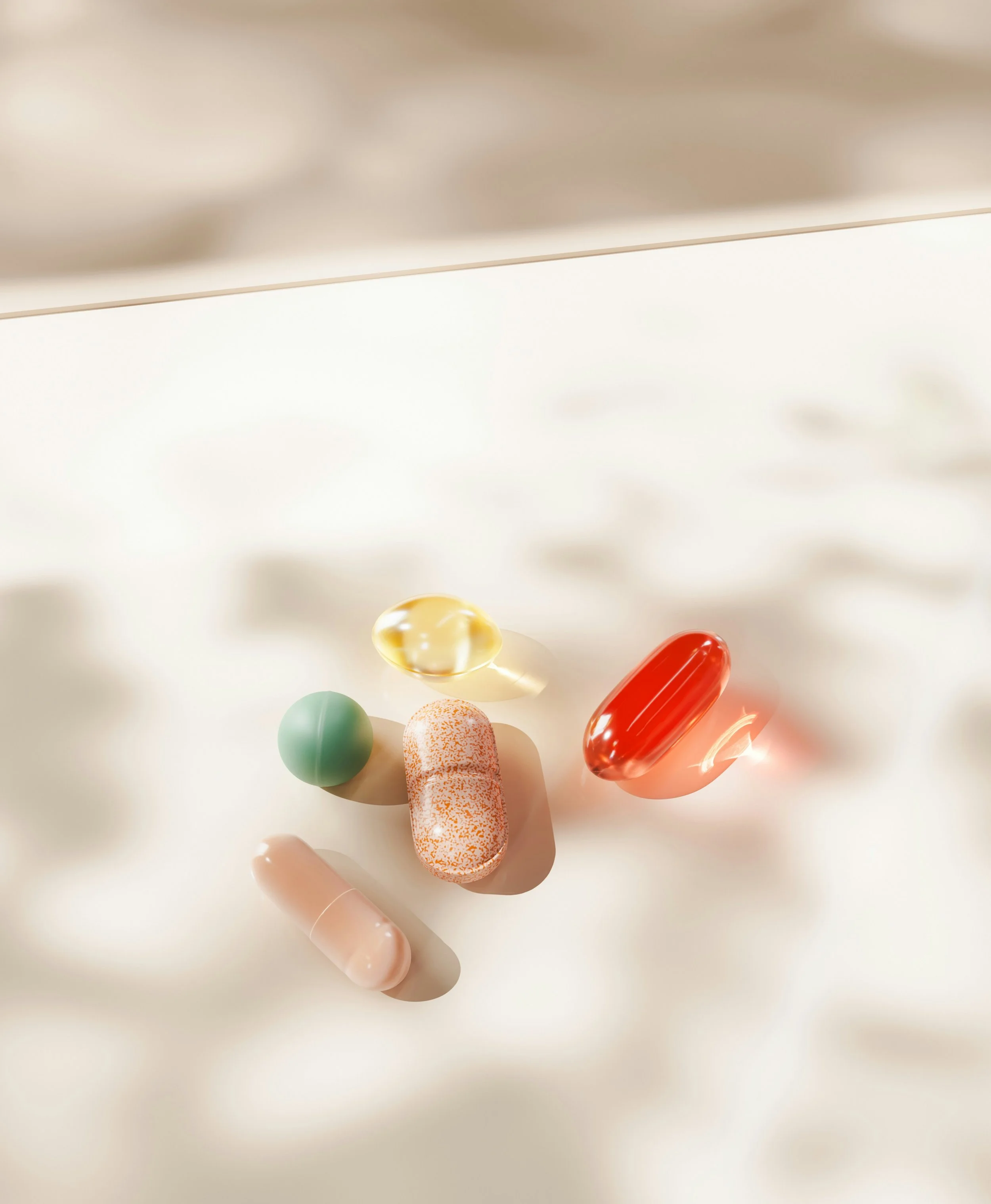 Multivitamins and wellness supplements on neutral background