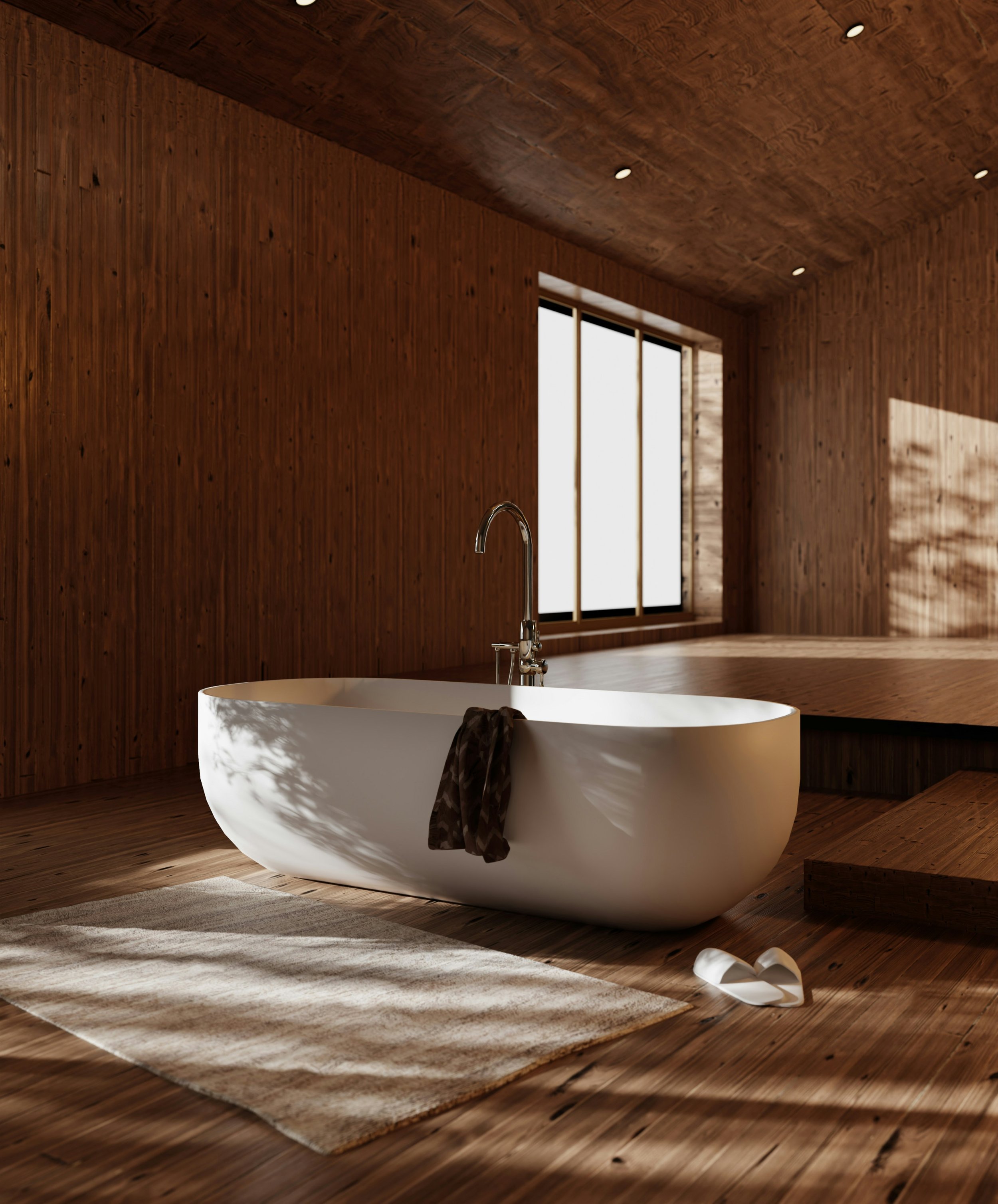white stand alone bath, with shirt hanging over bath, bathmat, slippers in a wood clad, wood drenched bathroom