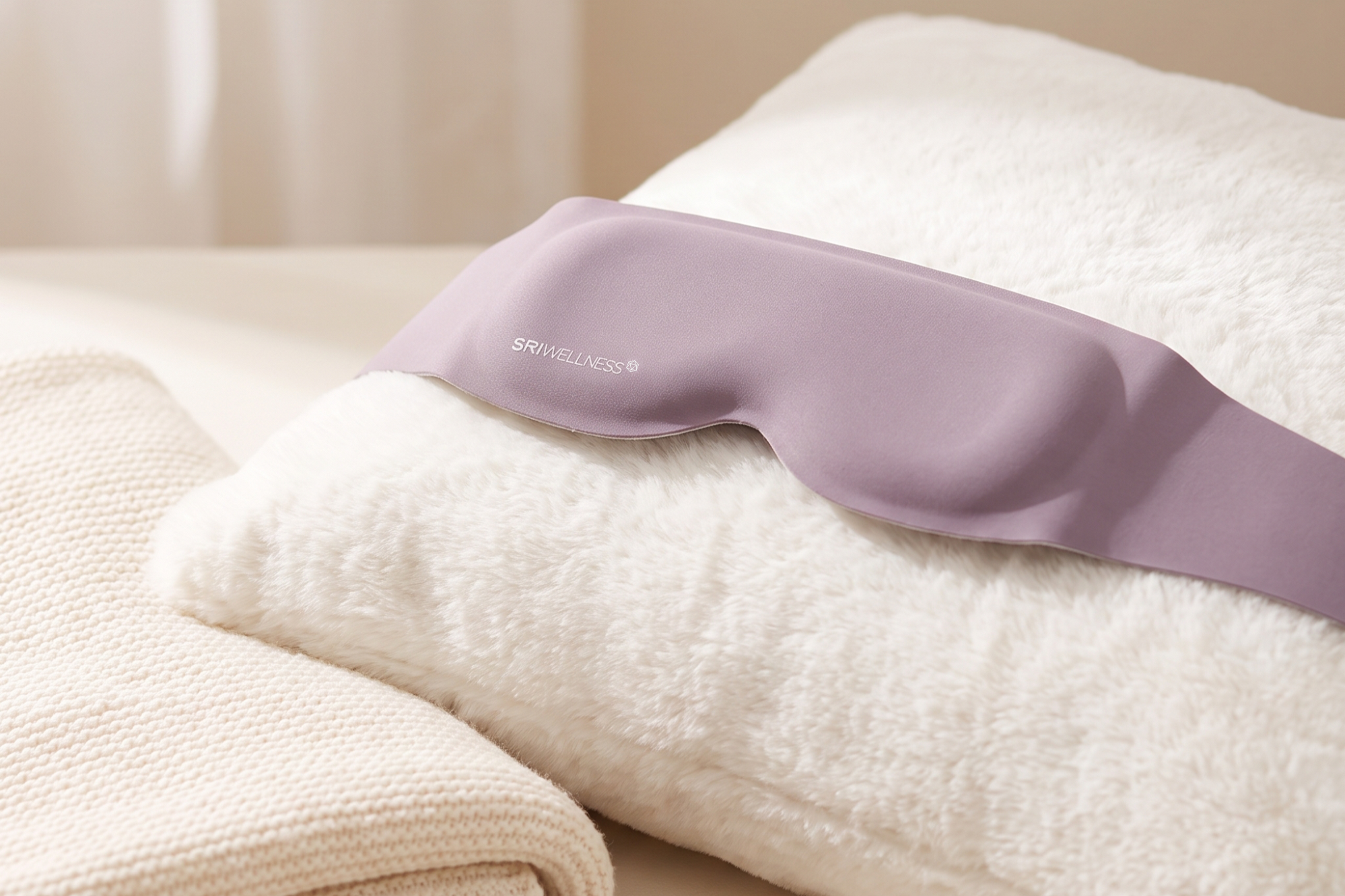 Purple SRI Wellness Orca Sleep Mask resting on a white pillow