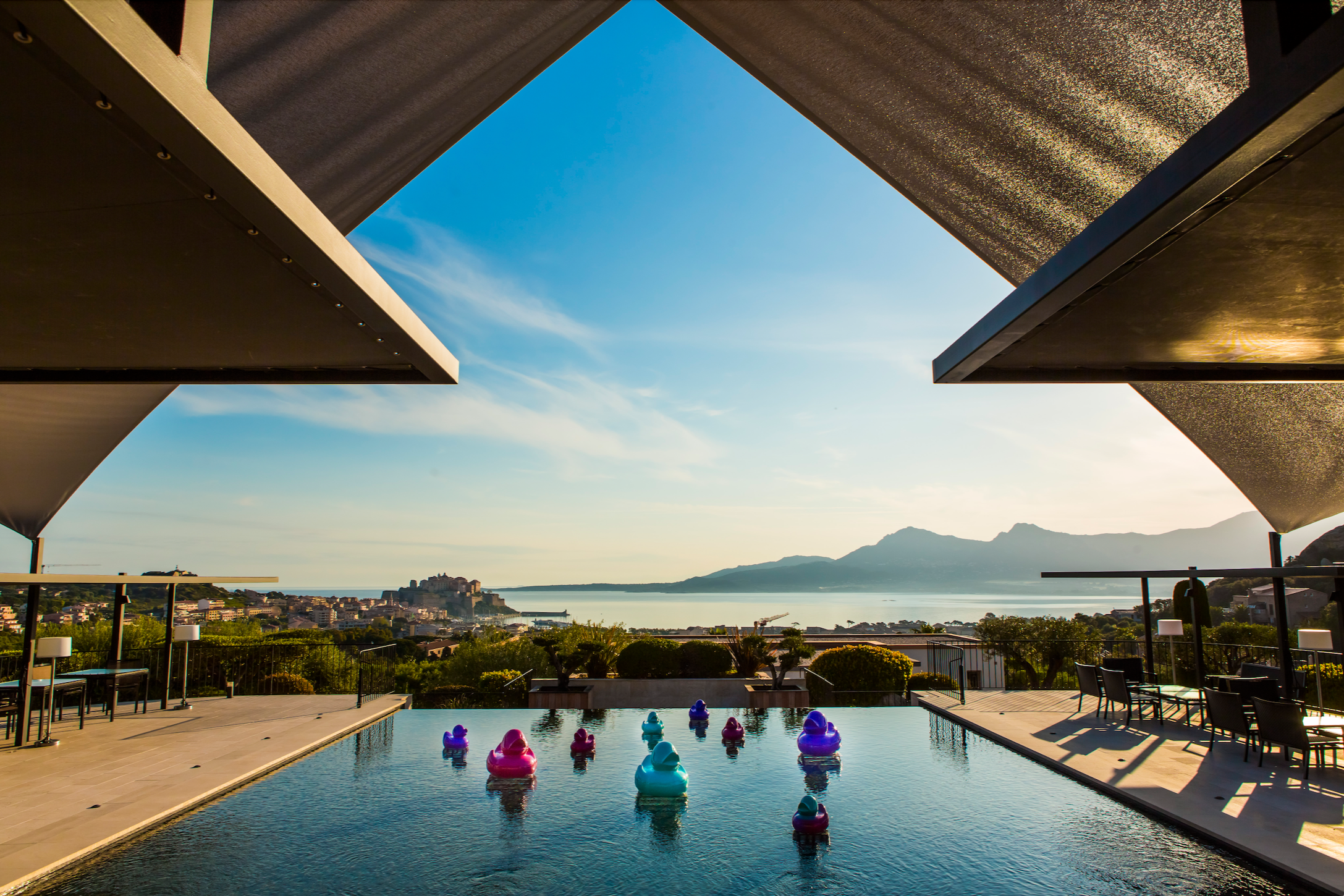 La Villa Calvi infinity pool overlooking Calvi bay and citadel in Corsica