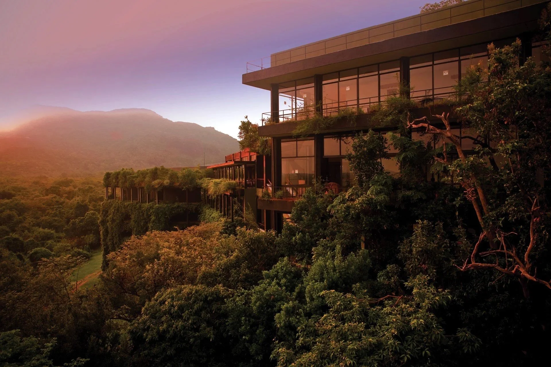 Heritance Kandalama hotel designed by Geoffrey Bawa built into jungle cliffs overlooking Kandalama Lake in Sri Lanka
