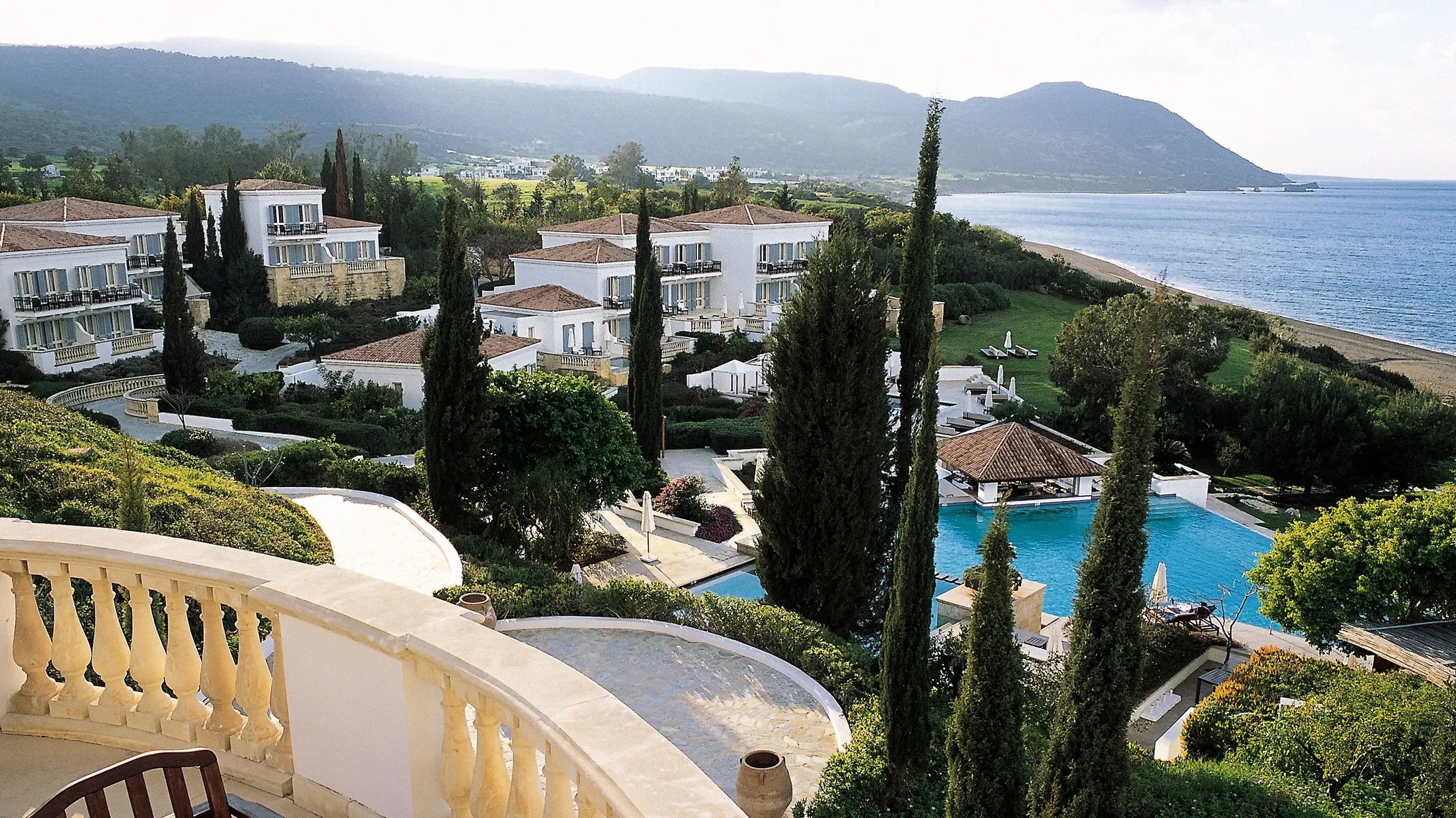Grounds, sea and mountain views from balcony  of the Anassa Hotel, Cyprus