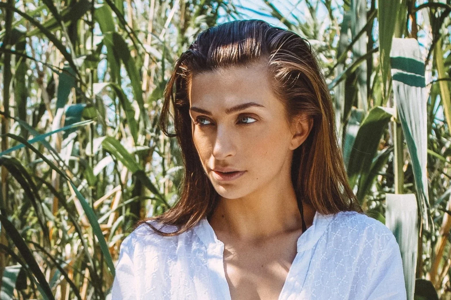woman sits amoungst tall foliage in the sunshine